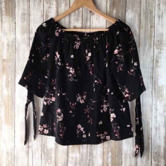 FRNCH Tops - FRNCH Black Floral Off The Shoulder Tie Sleeve Blouse